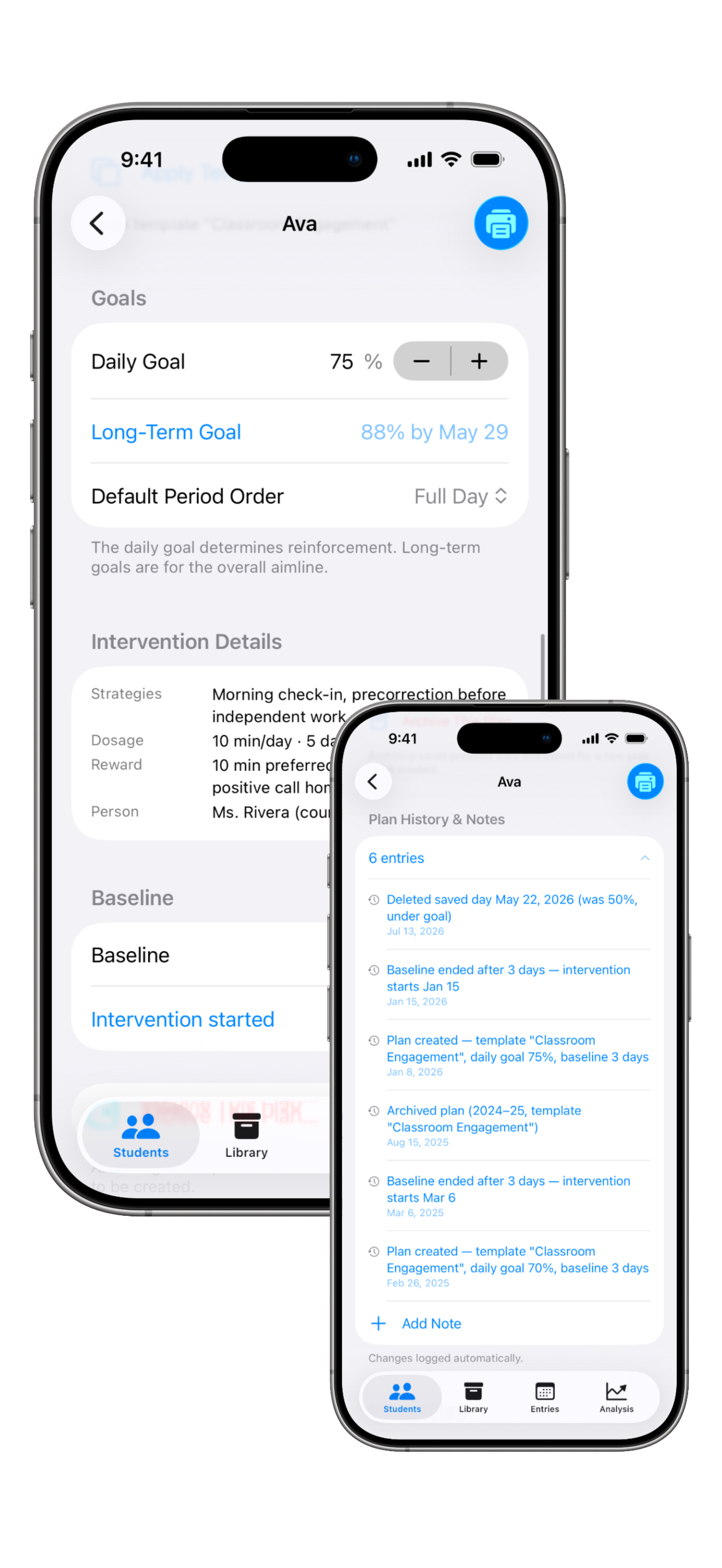 An intervention plan showing daily goal, long-term goal, strategies, dosage, and reward, alongside an automatically logged history of every change to the plan.