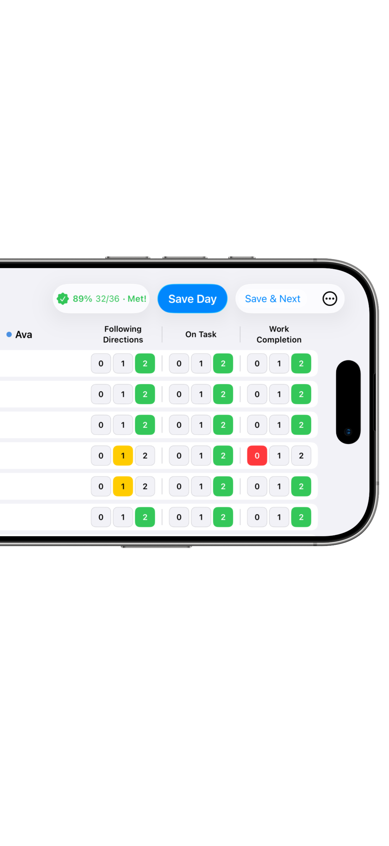 The phone held sideways, showing every behavior and every period of the day on one landscape grid.