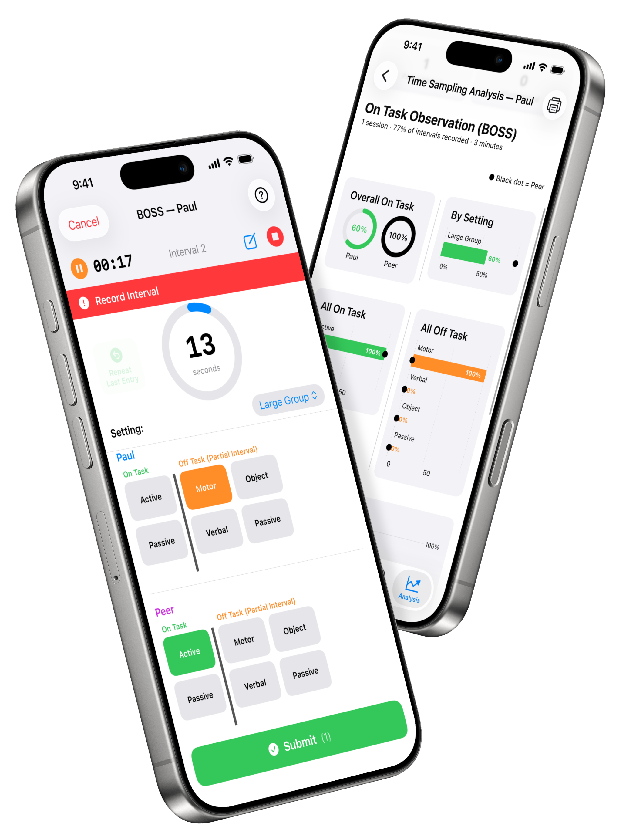 Behavior Observer on iPhone — a live BOSS time-sampling session alongside the resulting on-task analysis.