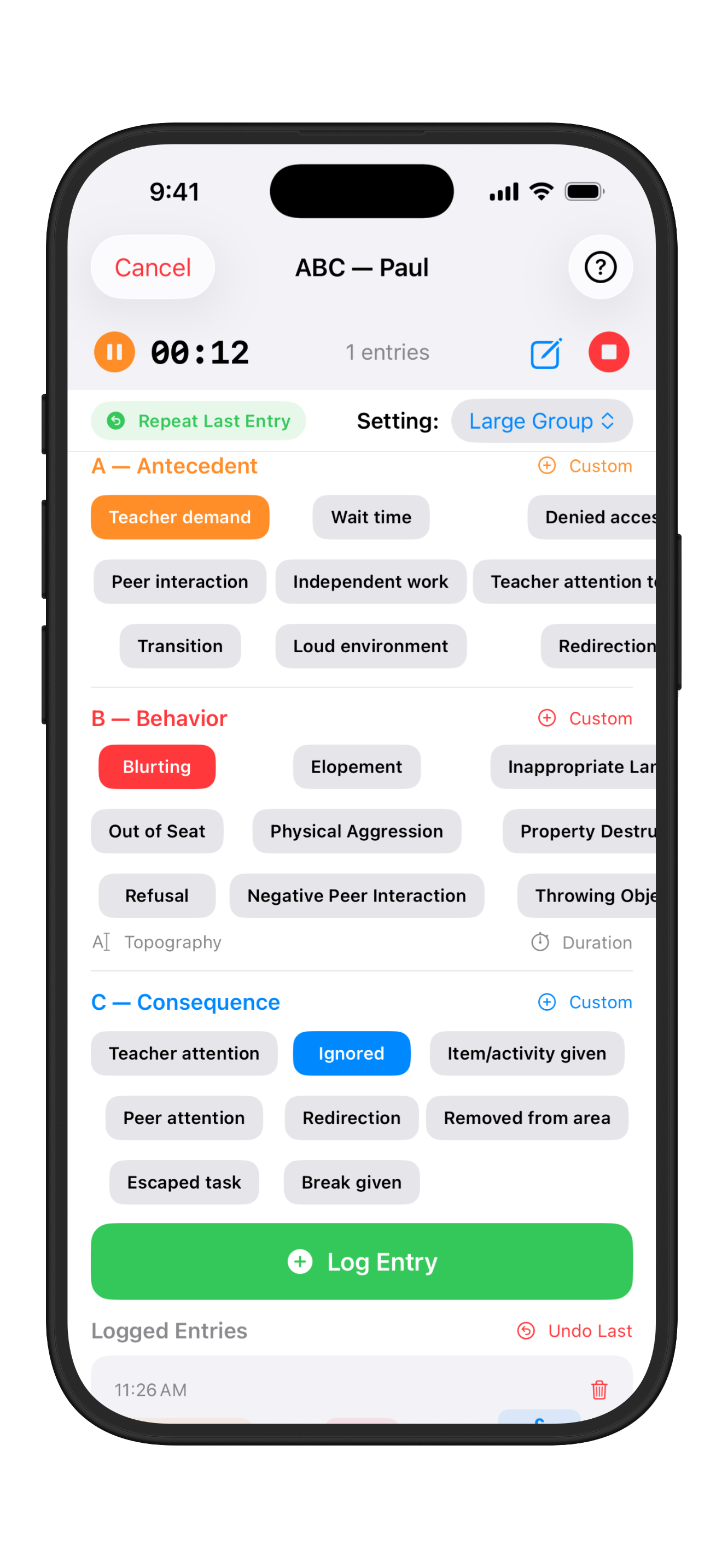 An ABC session, recording an antecedent, a behavior, and a consequence from editable banks.