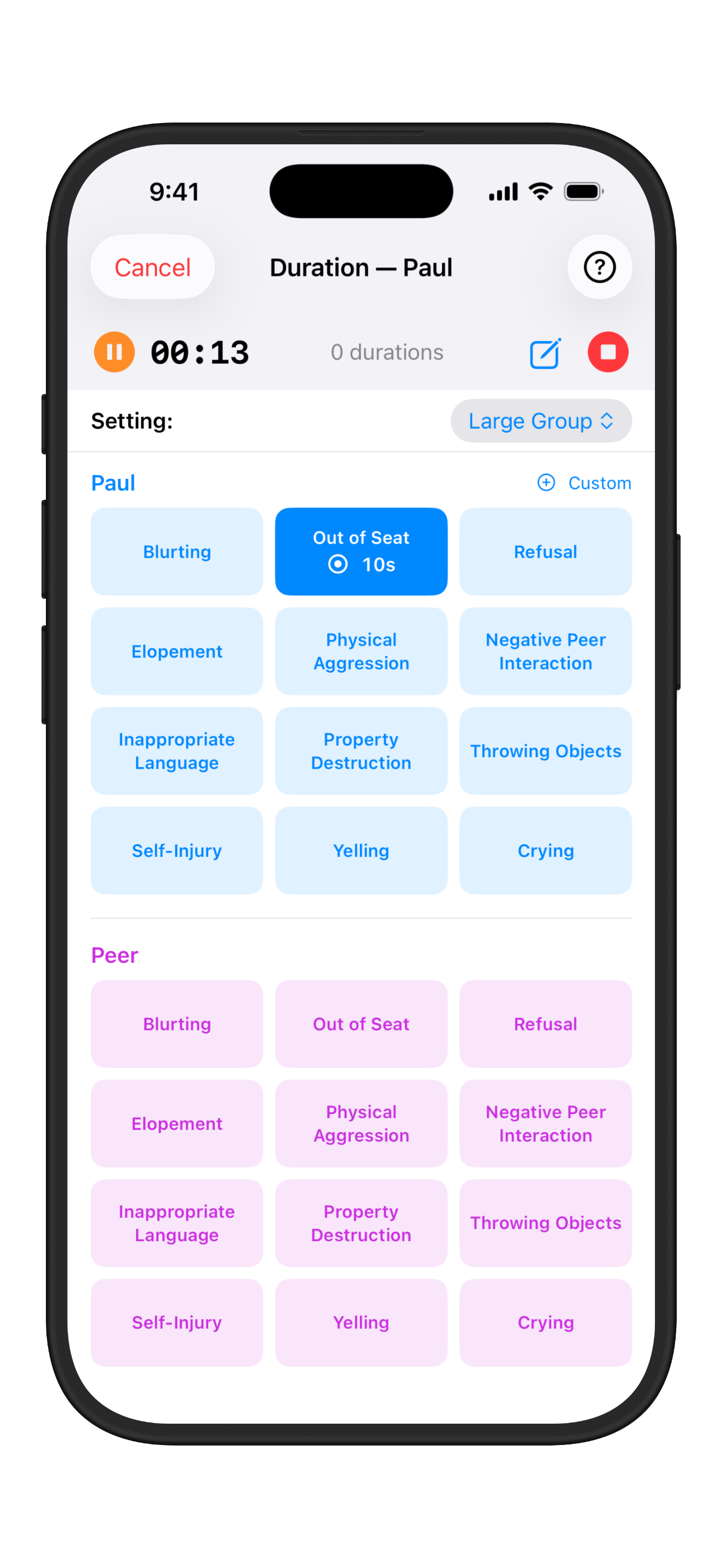 A duration session with multiple concurrent timers running on different behaviors.