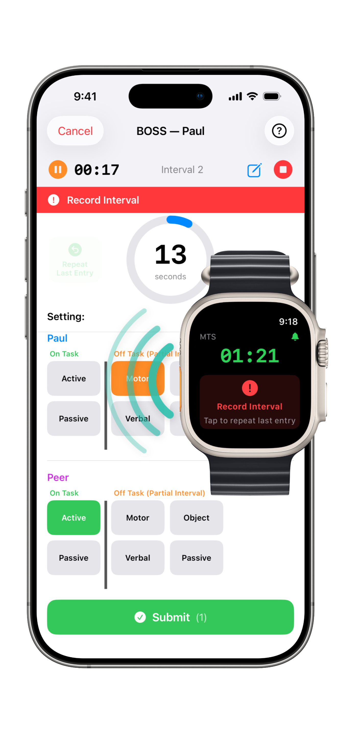 A live BOSS session on iPhone, with an interval countdown and an on-task / off-task grid for the target student and a peer, while the paired Apple Watch buzzes to prompt the interval recording.
