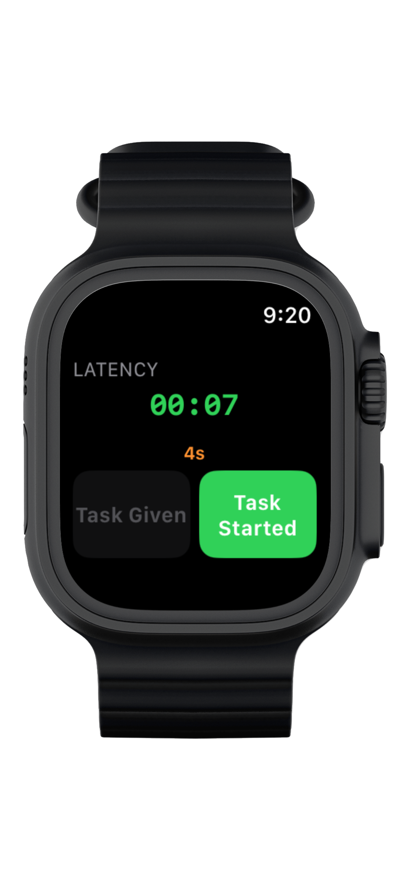 Latency capture on the Apple Watch, timing the gap between task given and task started.