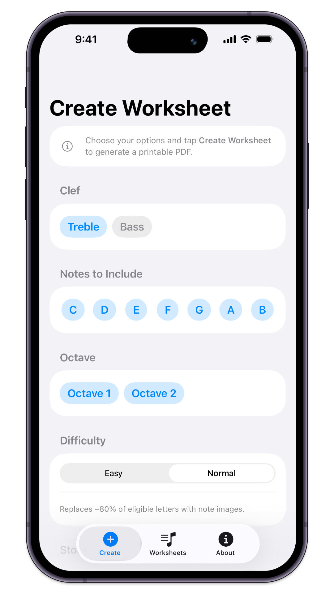 Configuring a worksheet — clef, notes, octave, difficulty