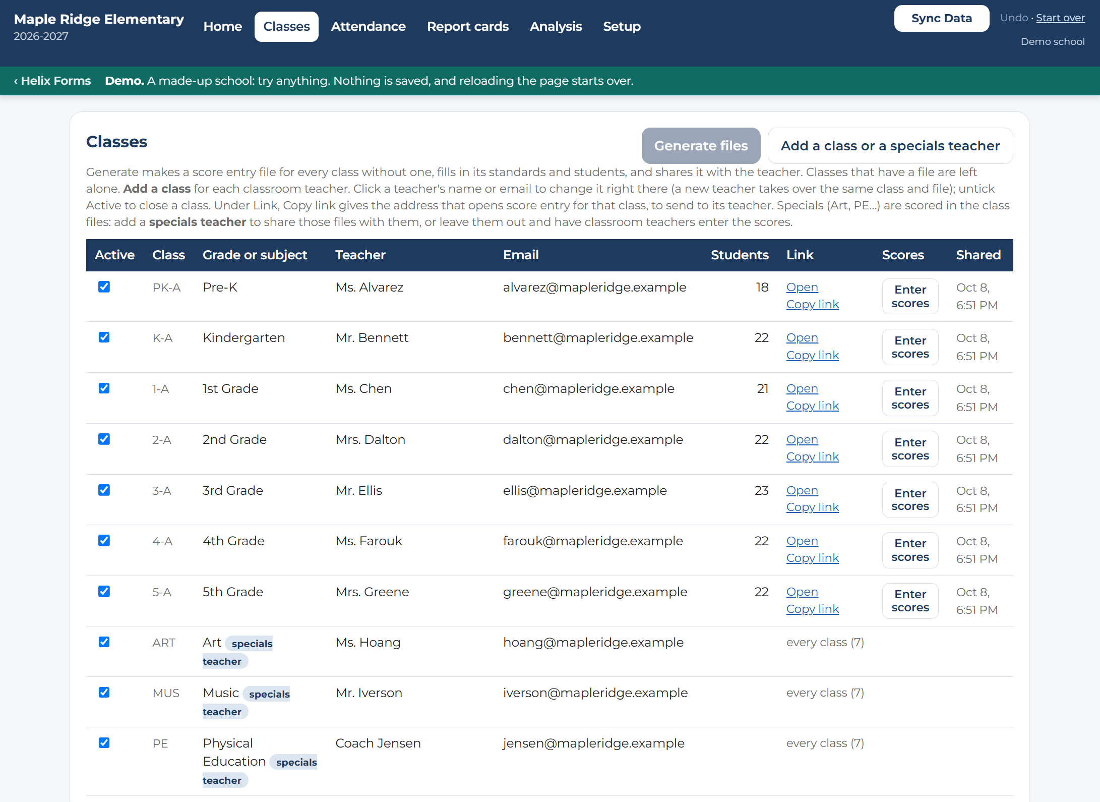 The Classes page: every class with its teacher, email, number of students, a link to its spreadsheet, and an Enter scores button.