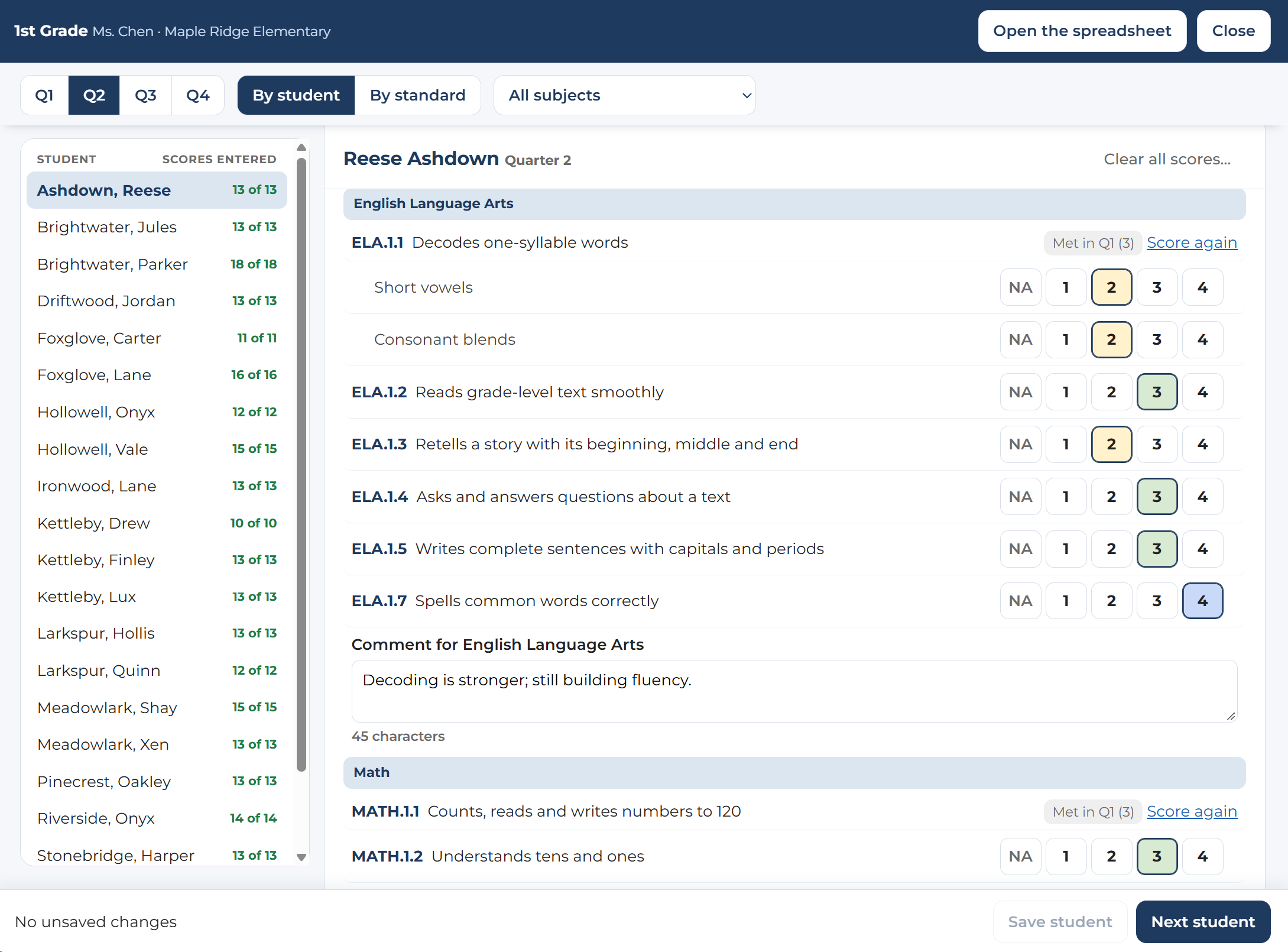Score entry in Report Card Builder: the class list on the left, and one student's standards with their rating buttons and a comment box.