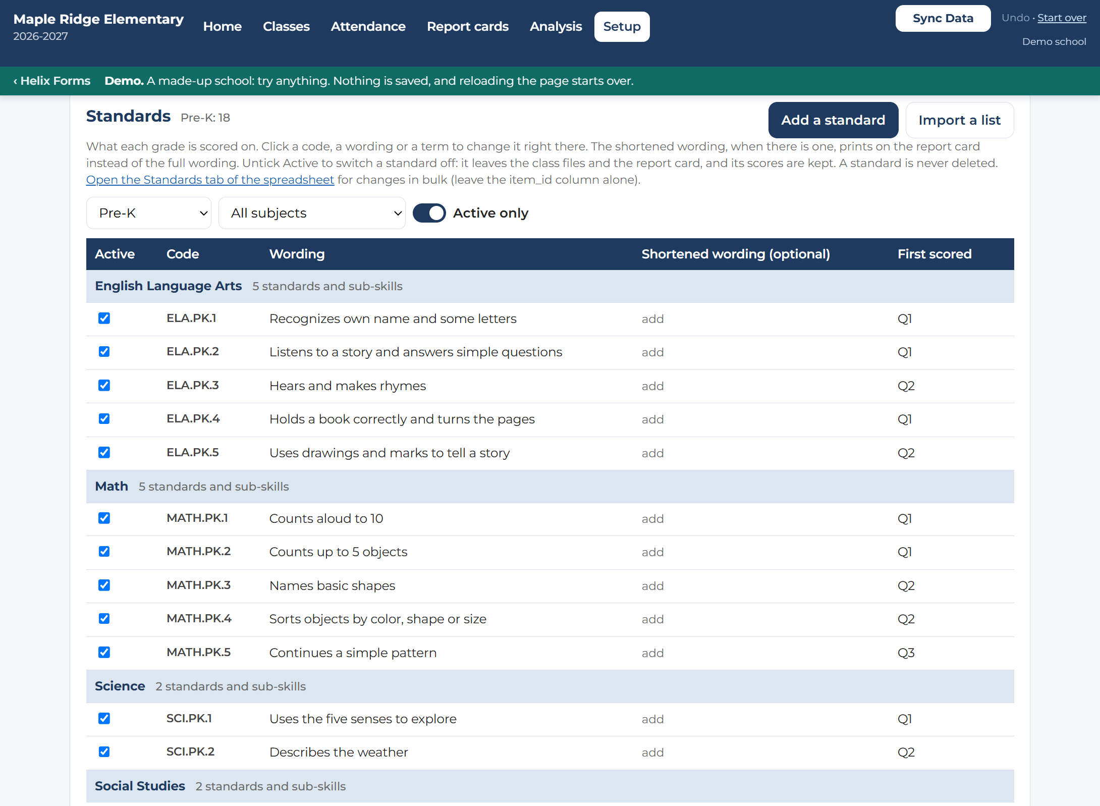 The Standards page for one grade: each subject's standards with their codes, wording, and the quarter they are first scored.