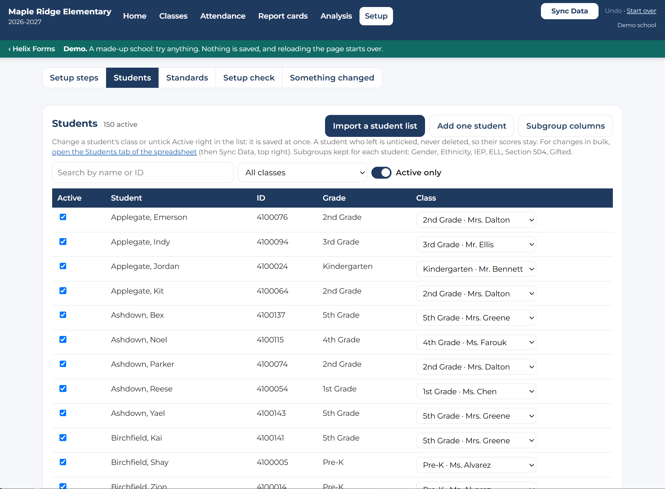 The Students page: every student with their ID, grade, and class, and buttons to import a student list or add one student.
