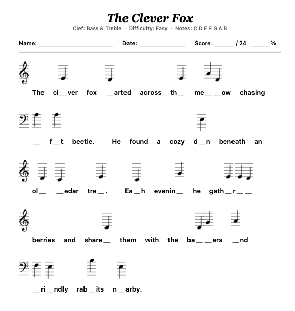 A printable Clef Stories worksheet titled 'The Clever Fox' with treble and bass clef notation